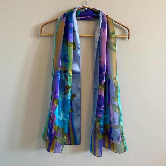 2/$20 👒 Careta Vintage Oldstock Sheer Scarf with Blue and Purple Floral Pattern - Picture 1 of 8